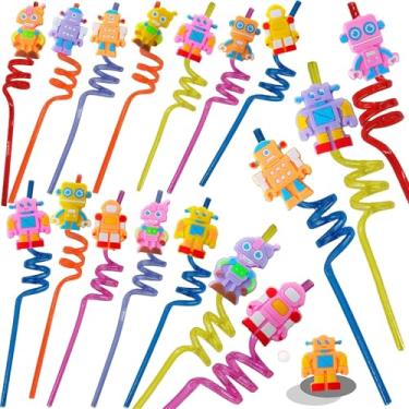 Imagem de 24 pacotes de canudos de plástico reutilizáveis a granel robôs lembrancinhas de festa de aniversário, canudos cacheados temáticos suprimentos de festa