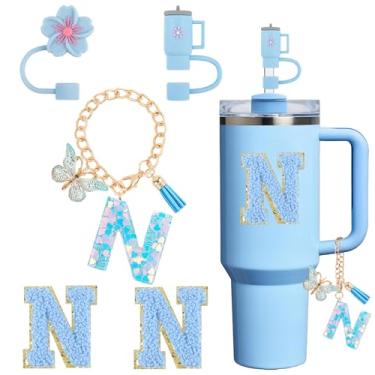 Imagem de Acessórios de copo para Stanley Cup 850.5 g 1,134.0 g, decoração de iniciais de copo para Stanley, incluindo tampa de palha de silicone, pingente de alça, adesivo, azul 5 peças (N)