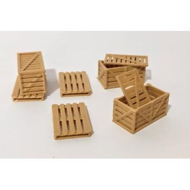 Imagem de 3 mini pallets e 3 caixas 1:87 de transporte e armazenamento 1/87 paletes ferromodelismo trem dioramas