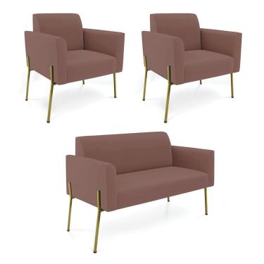 Imagem de Sofá Namoradeira 2 Poltronas Pé De Ferro Dourado Marisa Veludo Rosê D03
