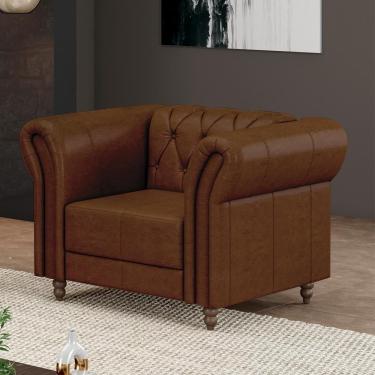 Imagem de Poltrona Decorativa Stanford Chesterfield Pés De Madeira Couro Marrom Manchado G58 Gran Belo
