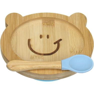 Imagem de Prato Infantil Criança Bebê Com Colher E Ventosa Home&co Ursinho Bambu 3x16x13cm Natural