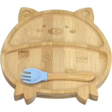 Imagem de Prato Infantil Bebê Criança Com Garfo E Ventosa Home&co Porquinho Bambu 3x22x21cm Natural