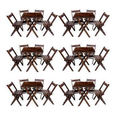 Imagem de Kit 6 Conjuntos Mesa Dobrável 70x70cm Para Bar Com 4 Cadeiras Em Madeira Maciça - Imbuia - Marrom