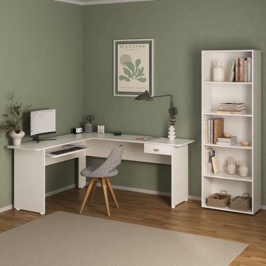 Imagem de Kit 2 Peças Com Mesa Para Escritório Em L 1 Gaveta E Estante Para Livros 5 Prateleiras Branco