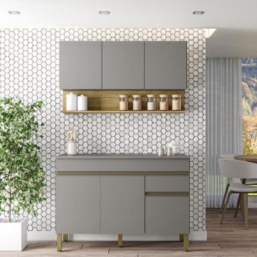 Imagem de Kit Balcão De Pia Com Tampo E Aereo 120 Cm 6 Portas 1 Gaveta Line - Gris/gris/cp-freijó