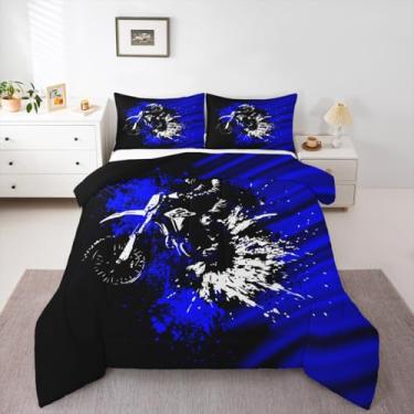Imagem de Feelyou Conjunto de edredom infantil azul e preto, ombré, conjunto de cama de motocross, para decoração de quarto de meninos e adolescentes, 3 peças