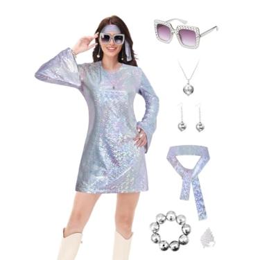 Imagem de FEELJAM Roupas femininas de discoteca dos anos 70 – Vestido vintage de paetês Go Go Dance – Vestido de discoteca brilhante para festas temáticas dos anos 70, Prata, M