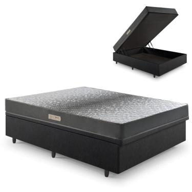 Imagem de Cama Baú Casal 138x188 Courino Linho Preto com Dual Firm Espuma Ecoflex