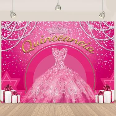 Imagem de Pano de fundo rosa de quinze anos de aniversário de 15 anos, vestido de princesa de quinze anos de quinze anos, pano de fundo para meninas, corrente de pérola branca, coroa de cristal, decoração de