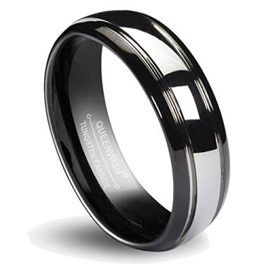 Imagem de Queenwish Aliança de casamento de carboneto de tungstênio combinando de 6/8 mm cúpula de prata preta anel de noiva bronze joia masculina feminina