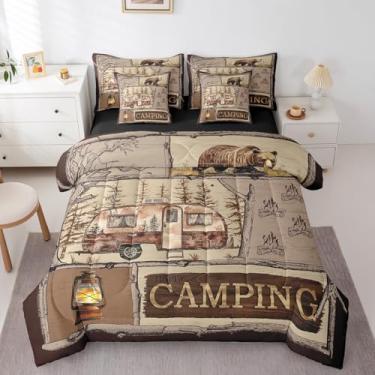 Imagem de Erosebridal Conjunto de cama king size para acampamento, 7 peças, para viagem, trailer, vintage, conjunto de cama de patchwork, inclui edredom, conjunto de lençóis, fronhas e fronhas para todas as