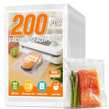 Imagem de FUNFERY Sacos seladores a vácuo pré-cortados para alimentos, 200 litros, 20 x 30 cm, armazenamento de alimentos a longo prazo e saco de grau comercial sous vide, sacos sem BPA, fácil de etiquetar