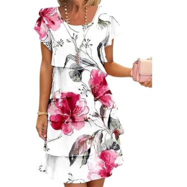 Imagem de Vestido Cascata Com Estampa Floral Multi-planta, Vestidos Casuais De Verão Com Estampa Boho Para Mulheres Com Bainha Em Cascata, White, XXL
