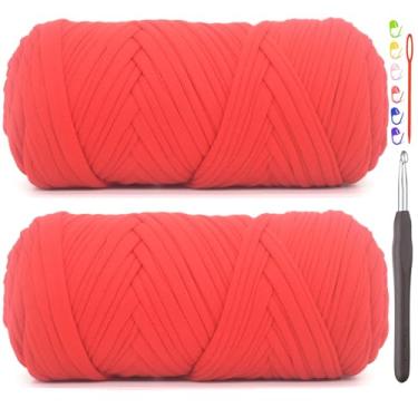 Imagem de Pacote com 2 fios de camiseta para crochê, camiseta vermelha, tecido elástico grosso, fio de crochê para iniciantes, bolsa de tricô à mão, cesta/porta-copos / artesanato faça você mesmo/decoração de