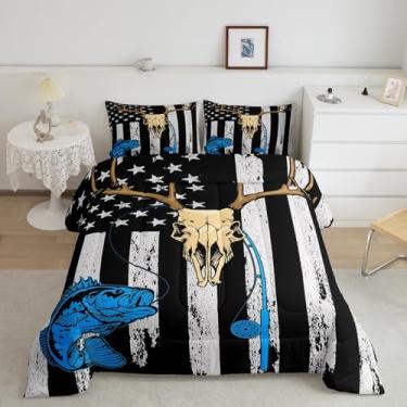 Imagem de Erosebridal Conjunto De Cama Completo Com Bandeira Americana, Edredom Caça E Pesca, Caveira Vaca, Acolchoado, Listras Geométricas Dos Estados Unidos, Para Crianças, Adolescentes, Quarto Adulto, Pret