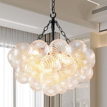 Imagem de Longree Lustre De Vidro Bolha Com Acabamento Preto, Luminárias 20" Diâmetro, Transparente Soprado Em Formato Globo, Pequenas Luzes Pendentes Para Sala Jantar, Cozinha, Banheiro, Entrada, Quarto