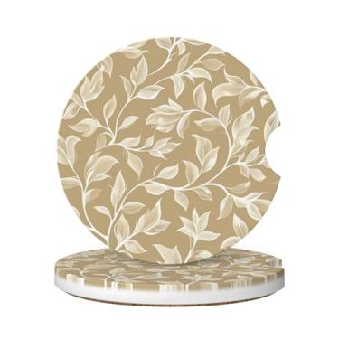Imagem de Neukim Pacote com 2 porta-copos florais de folhas marrons, porta-copos de carro vintage, silhueta de planta vintage, 6 cm, porta-copos absorvente de cerâmica antiderrapante com base de cortiça e
