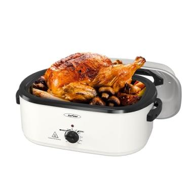 Imagem de Sunvivi Forno elétrico de 26 litros com tampa de vidro, buffet de forno de torrador de peru com tampa de auto-alinhamento, panela removível, alças de toque frio, branco