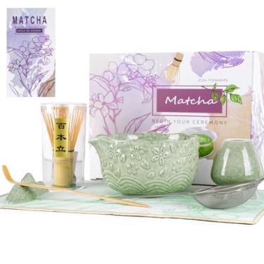 Imagem de Conjunto de batedor Matcha, conjunto de 7 peças - tigela matcha de cerâmica com bico, batedor e suporte de bambu, colher, peneira, toalha de chá - kit completo para cerimônia de chá matcha, latte