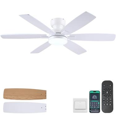 Imagem de Kviflon Ventiladores de teto de 132 cm com luzes, ventilador de teto de baixo perfil com luz e controle remoto/aplicativo, ventilador de teto embutido com 6 pás reversíveis, 3CCT, regulável, motor