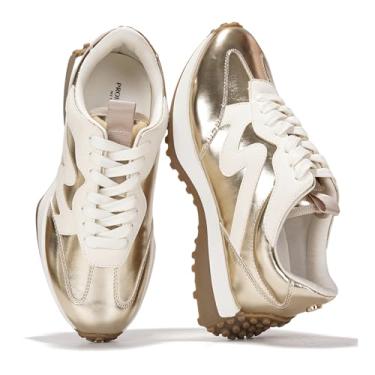 Imagem de Project Cloud Tênis moderno para mulheres – Espuma viscoelástica e antiderrapante confortável casual feminino tênis fashion – Tênis leve com cadarço (Lecco), Dourado, 35