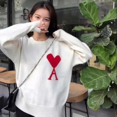 Imagem de Camisola Feminina Outono E Inverno Pulôver Casual Solto Amor Casal Camisola De Algodão, White, XXL