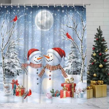 Imagem de AMFD Cortina de chuveiro de boneco de neve de Natal fofo boneco de neve pássaro vermelho floco de neve inverno férias cortinas de banheiro decoração conjunto de tecido inclui ganchos, (177.8 cm WX70 H