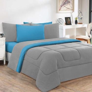 Imagem de Kit Edredom Malha 100% Algodão Gran Moratta 3 Peças Queen - Cinza-azul