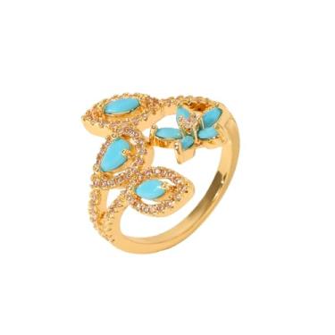 Imagem de Anel aberto ajustável com folha de flor turquesa azul delicada para mulheres, banhado a ouro, elegante, pedra natural, floral, lágrima, declaração, anéis, ajuste confortável, noivado, compromisso