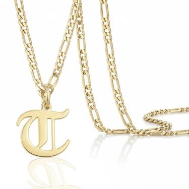 Imagem de Colar masculino com pingente de inicial banhado a ouro 14k Beleco – Colar com letra A-Z com corrente fígaro, joia com pingente de alfabeto de ouro personalizado em inglês antigo, Medium, Banhado a