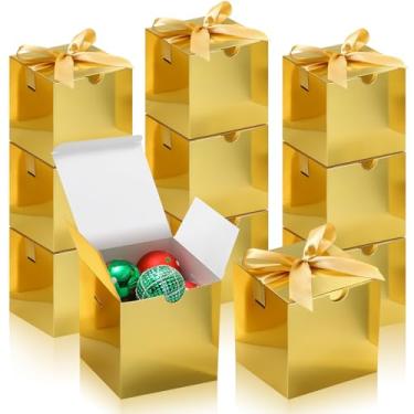 Imagem de DOYIDE Pacote com 20 caixas de presente pequenas, caixas de papel elegantes douradas de 15 x 15 cm com fitas, caixa de presente de Natal, lembrancinha de festa de casamento, cupcake, doces, caixa de