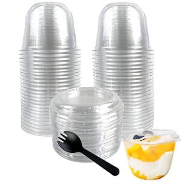 Imagem de Pacote com 50 copos de sobremesa descartáveis, copos de plástico transparente com tampas, mini copos de parfait de 290 ml sem buracos, copos de festa descartáveis para lanches, pudim, iogurte, frutas, sorvete, cupcake, bebidas geladas
