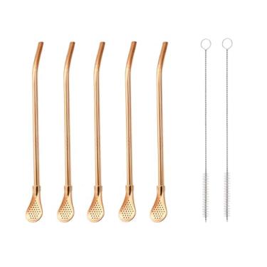 Imagem de Colher e filtro de canudo de aço inoxidável reutilizável 4 em 1, 5 peças com 2 escovas de limpeza, grau alimentício 304, agitador reutilizável para casa, bar, café (ouro rosa, 18 cm)