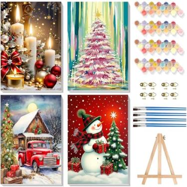 Imagem de Kit de pintura por números para adultos - Cavalete de madeira, pintura de Natal por números com moldura, kits de pintura de Natal para adultos por números em tela, decoração de parede de arte de