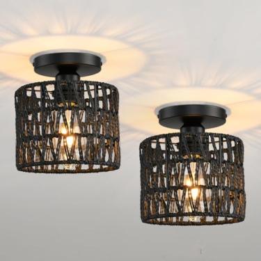 Imagem de KENMI Luminária de teto, luz de teto de vime tecida à mão, montagem embutida, luminárias de fazenda, montagem no teto, boho para corredor, quarto, cozinha, entrada, sala de estar