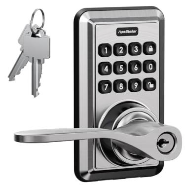 Imagem de Apestellar Fechadura de porta de entrada sem chave, fechadura de porta de teclado com alavanca, maçaneta com teclado, trava automática, modo de passagem, fácil instalação, níquel acetinado
