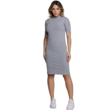 Imagem de Vestido Midi Manga Curta Vekyo Gola Alta Blogueira Canelado Moda Casua