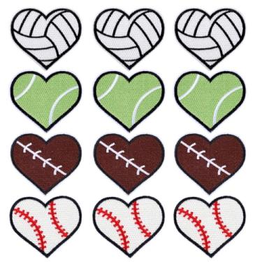 Imagem de 12 peças de adesivos esportivos em forma de coração, bolas de tênis de vôlei, rúgbi, softball, aplique bordado, aplique de vôlei, ferro em remendo, adesivos esportivos para roupas, chapéus, decoração
