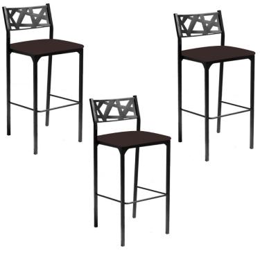 Imagem de Kit 03 Banquetas Alta Com Encosto Luiza Gourmet Para Balcão Cozinha Suede Marrom - Aurora Line