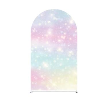Imagem de FiVan Capa de fundo de arco de nuvem arco-íris de 0,9 x 2 m com suporte de metal fundo de tecido elástico para decoração de aniversário, casamento, festa de aniversário, bicamada GX-2286