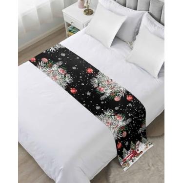 Imagem de DecorLovee Caminho de Natal preto para cama king size, mantas decorativas para o pé da cama, boneco de neve, Natal, caminhão, bolas, árvore, cama, corredor, sofá, lençol, protetor para quarto/hotel