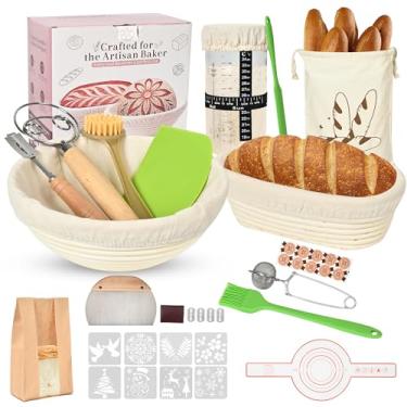Imagem de Gladify Kit inicial de massa fermentada, 22,8 cm redondo e oval de 25,4 cm, conjunto de cesta à prova de pão Banneton, pote de vidro para iniciantes, utensílios completos para assar pão de fermento
