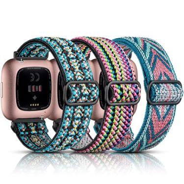 Imagem de Pacote com 3 pulseiras elásticas compatíveis com Fitbit Versa/Versa Lite/Versa 2 pulseiras para mulheres e homens, pulseira de nylon elástico ajustável, verde boho, seta verde/colorida