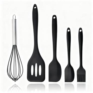 Imagem de Kit Utensílios de Cozinha Silicone 5 Peças, Batedor Fue, Espátulas e Pincel, Resistente ao Calor, Livre de BPA, Antiaderente (Preto)