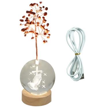 Imagem de Árvore da vida de cristal jaspe vermelho, base luminosa, globo de vidro com design de orações e bênçãos, presente para o dia dos pais cristãos, decoração de iluminação de mesa, luz de atmosfera de