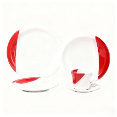 Imagem de Prato de Sobremesa Branco，Jogo de jantar Louças pratos e xícaras 20 peças completo de cerâmica Lindas cores (Vermelho,20)