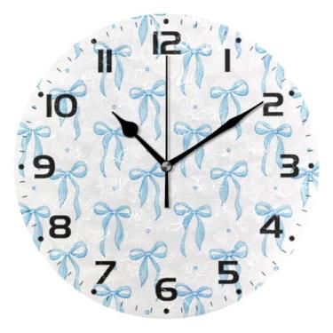 Imagem de JUZIHAI Relógio de parede com laço de fita azul, silencioso, sem tique-taque, relógios de parede redondos operados por bateria, fácil de ler, relógio decorativo de parede para casa, cozinha, sala de