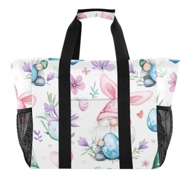 Imagem de ODAWA Linda bolsa de praia de lona à prova d'água com ovos de gnomos de Páscoa para esportes e verão, grande bolsa de viagem à prova d'água, Ovos fofos de gnomos de Páscoa, One Size
