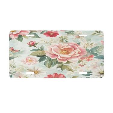 Imagem de Placa de licença retrô de flores de peônia para placas dianteiras do carro alumínio metal adequado para caminhão, placa de porta de carro, bar, café, acessórios automotivos para homens e mulheres 15 x